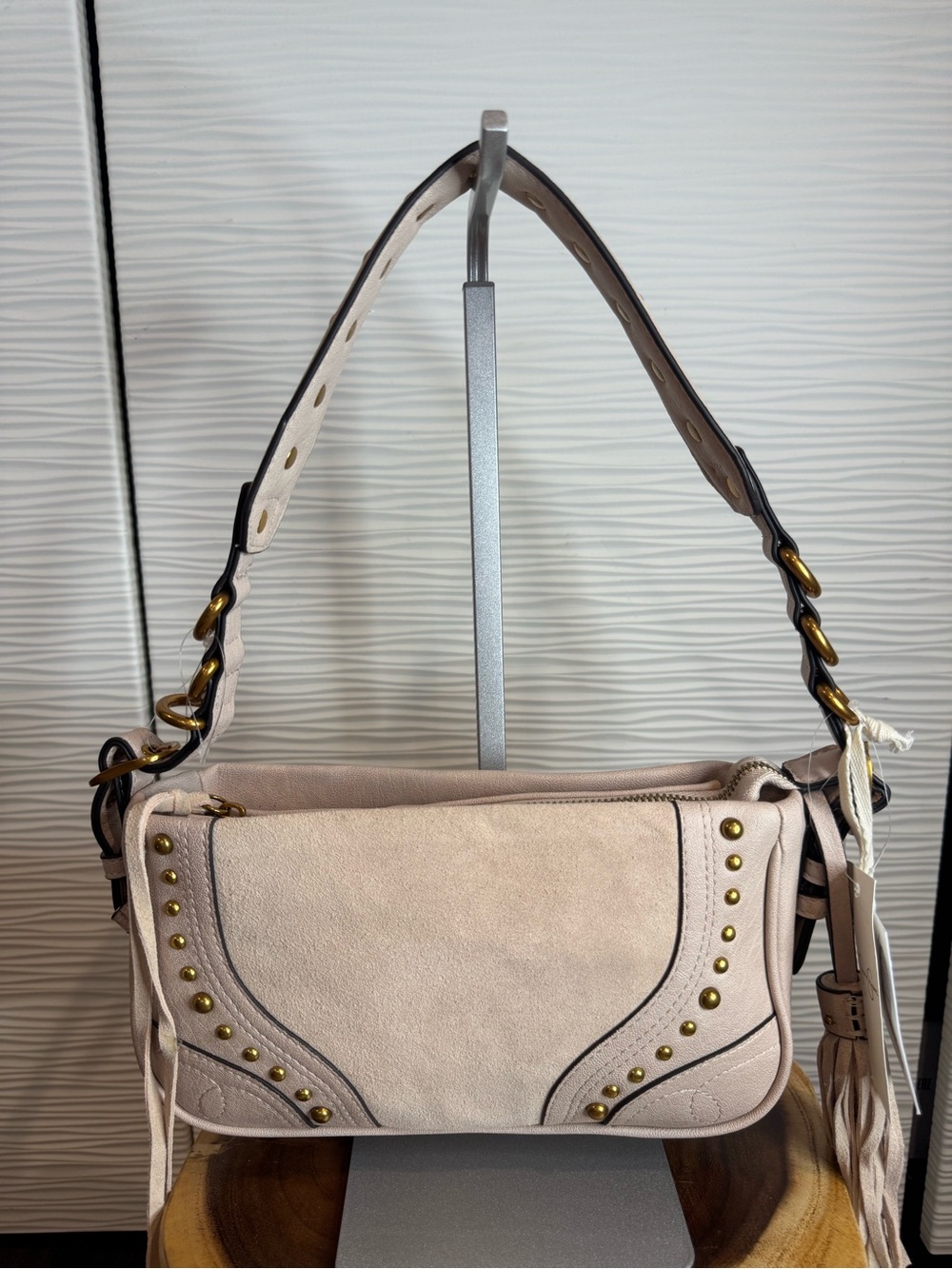 Jessica Simpson Blush Suede Shoulder Bag with Gold Studs